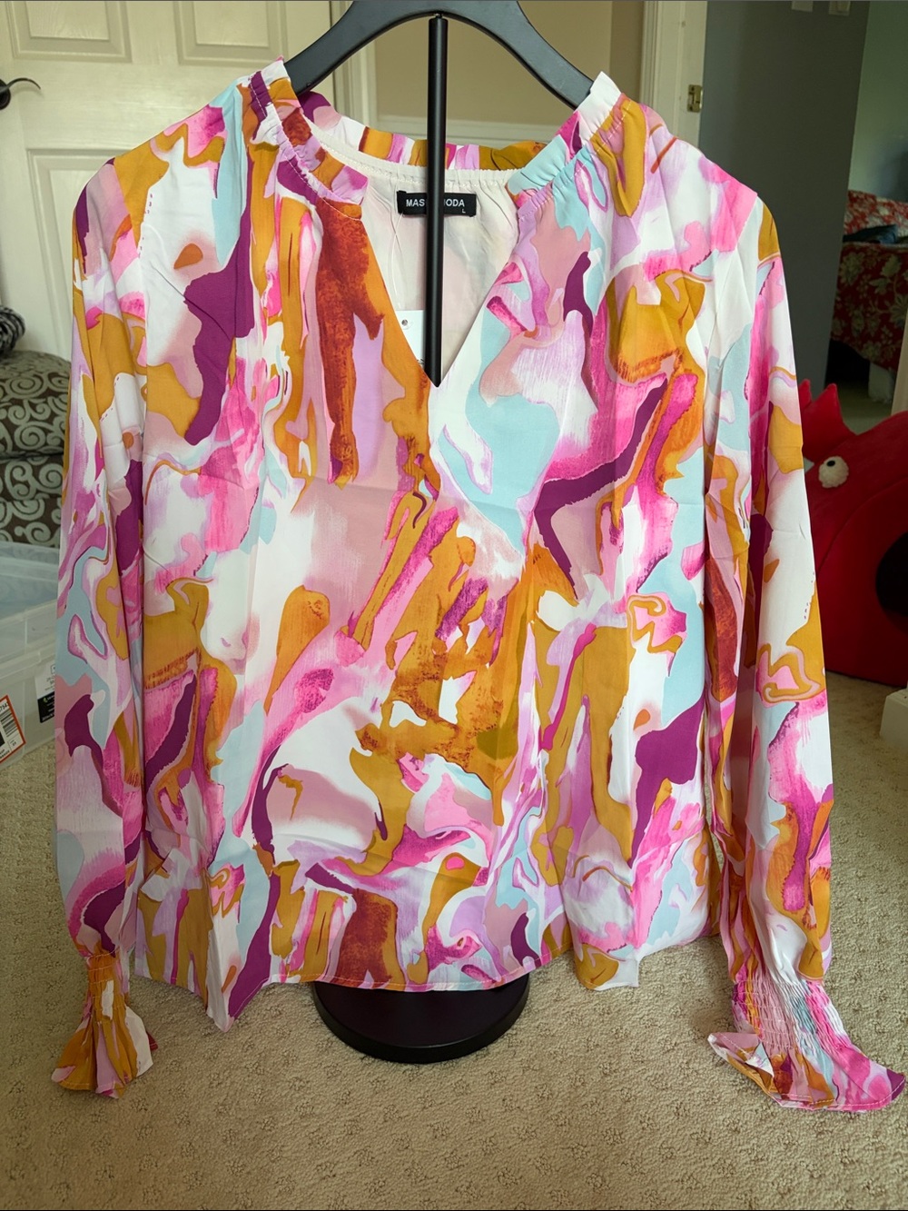 Multicolor Abstract Print V-Neck Women’s Blouse - Pink/Gold